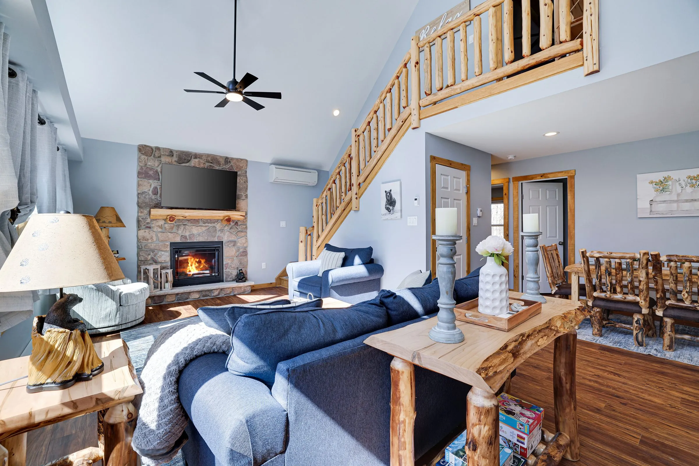The living room at The Cedar & Stone Lodge, a home Ideal manages in Lake Harmony